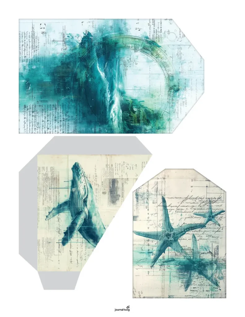 Mermaid junk journal kit pocket and tag printables with ocean artwork