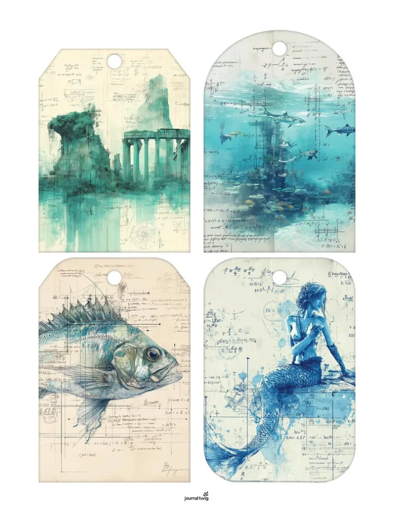 Mermaid junk journal kit printable tags with vintage sea illustrations
