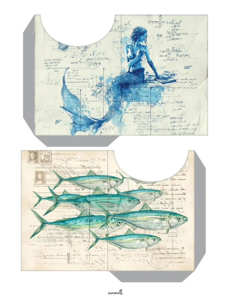 Mermaid junk journal kit printable journal pockets in blue nautical tones