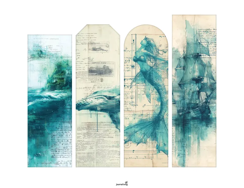 Mermaid junk journal kit bookmarks featuring mermaids and sea imagery