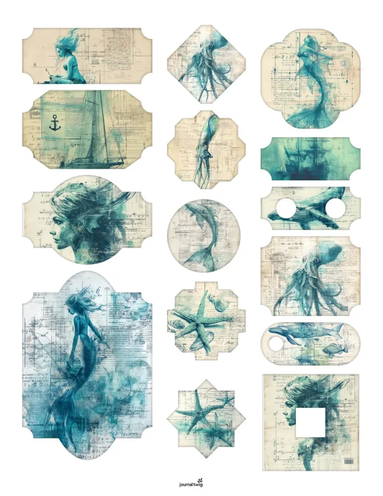 Mermaid junk journal kit ephemera with stamps and ocean collage elements