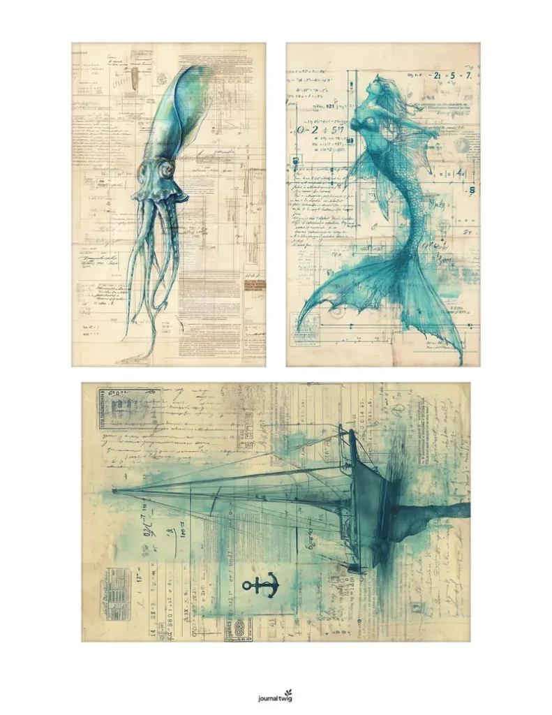 Mermaid junk journal kit mini cards for journaling and layering