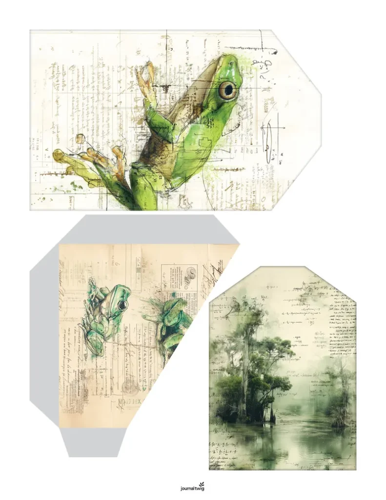 Frog junk journal pocket and tag set featuring green tree frog illustrations over vintage handwritten script and botanical study background.