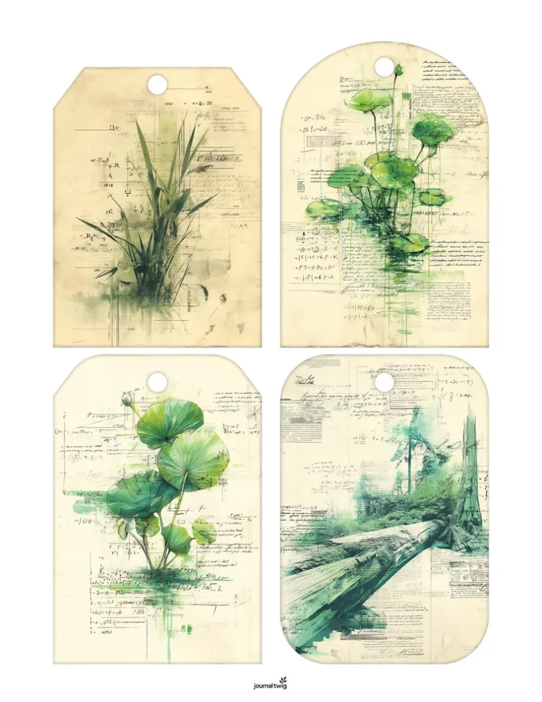 Printable frog junk journal tags with lily pads, swamp landscapes, and botanical sketches layered over aged manuscript paper.