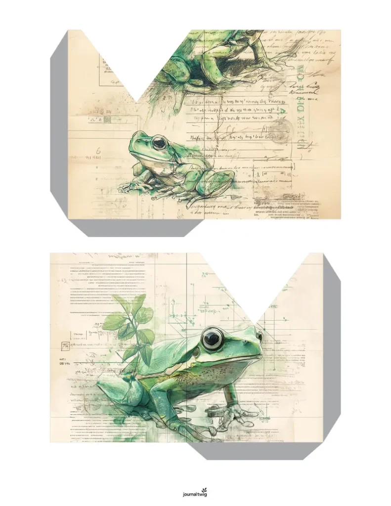Foldable frog junk journal pocket with detailed green frog drawings on antique scientific notes and distressed paper texture.