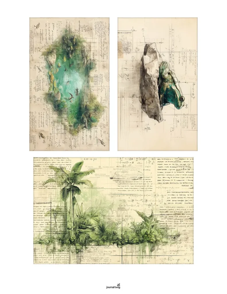 Frog mini journal cards with pond water, lily pads, forest logs, and vintage nature sketch backgrounds in soft green tones.