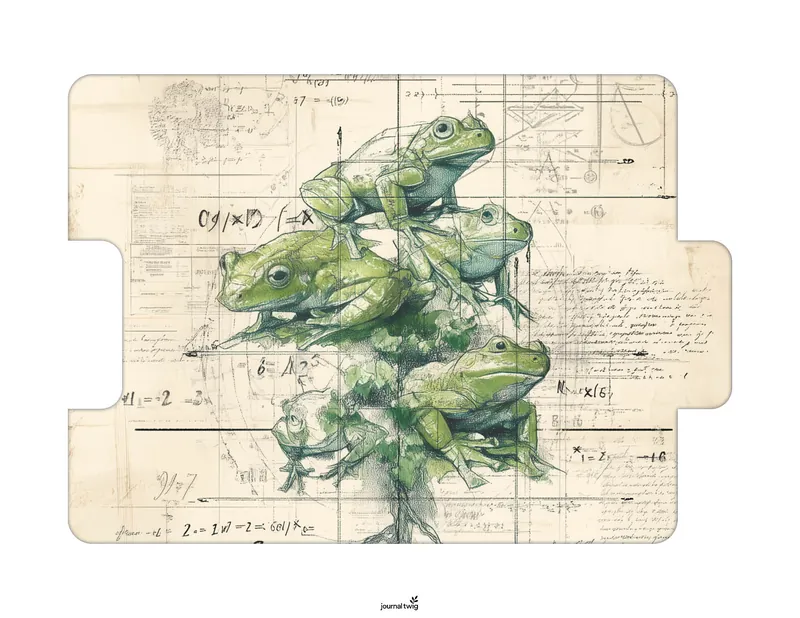 Large frog junk journal folding folio with stacked frog illustration layered over antique scientific diagrams and handwritten notes.