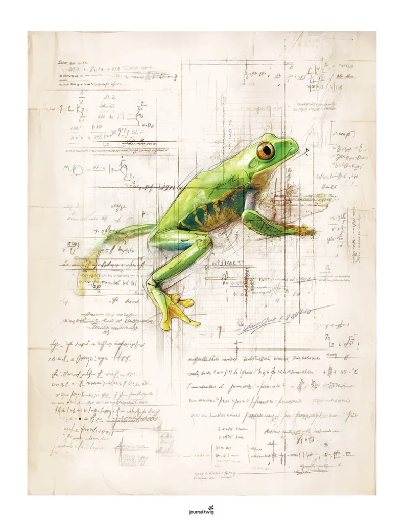 Full page frog junk journal background featuring detailed green frog illustration over aged handwritten scientific notes and botanical overlays.
