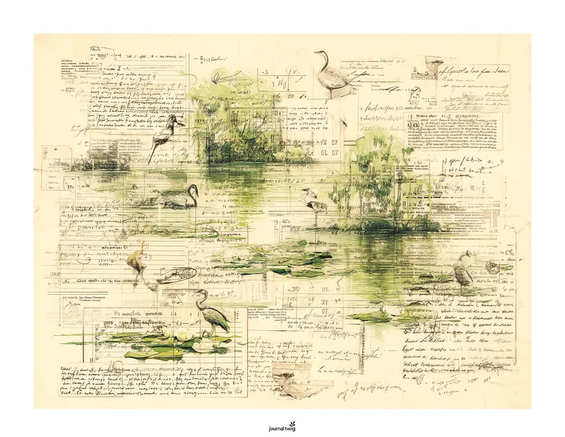 Vintage pond landscape background featuring herons, lily pads, and calm water layered over antique handwritten notes and botanical study textures, printable frog junk journal horizontal background paper.