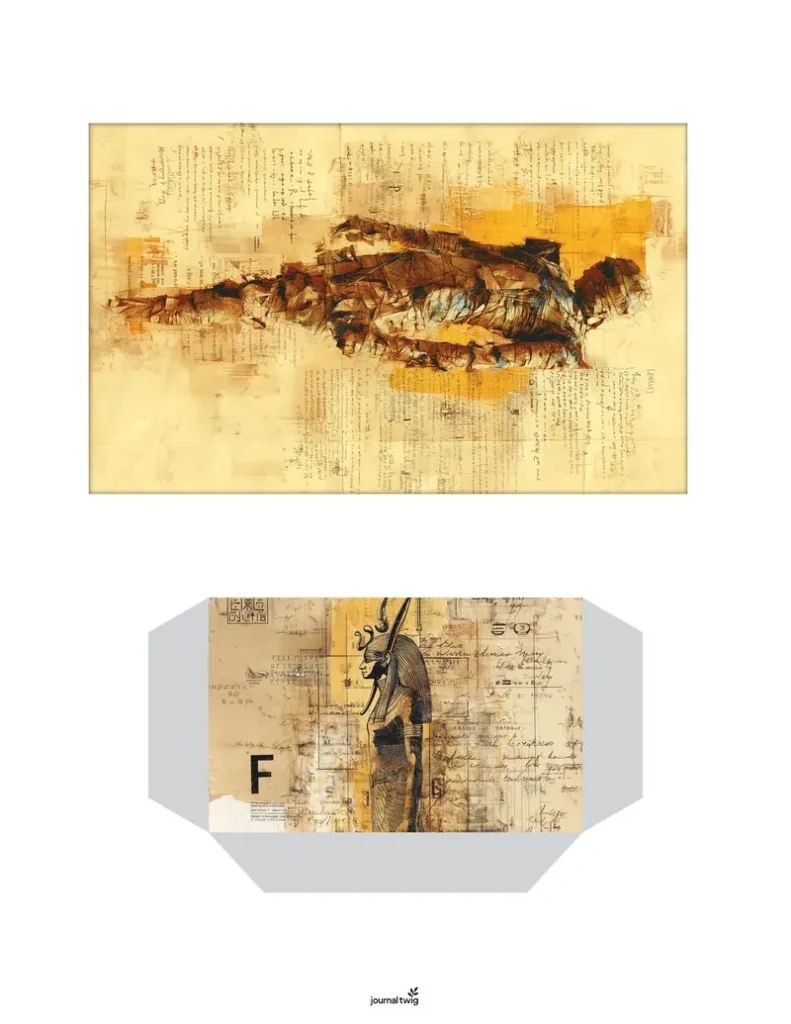 Vintage Ancient Egypt junk journal printable featuring a mummy sketch and a pocket design with an Egyptian figure over old manuscript text.