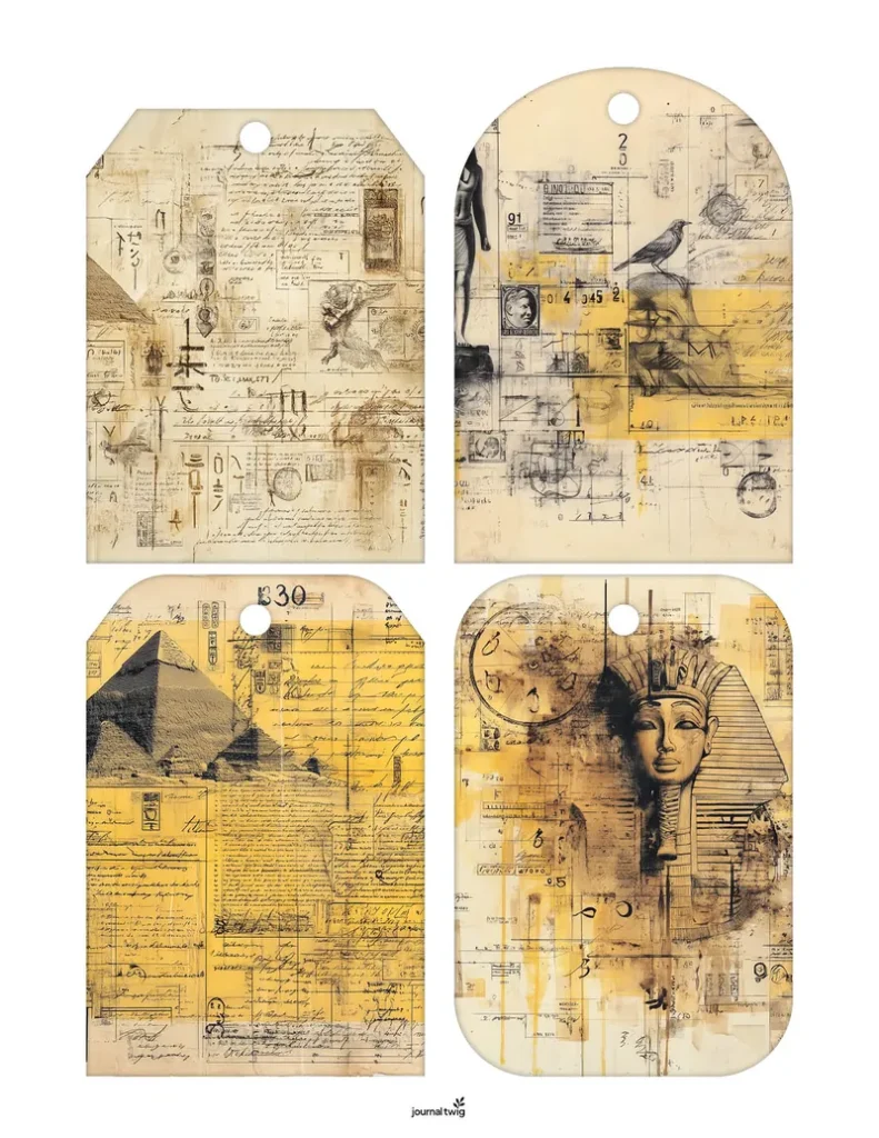 Four vintage Ancient Egypt junk journal tags featuring pyramids, a pharaoh mask, and architectural sketches with yellow accents.