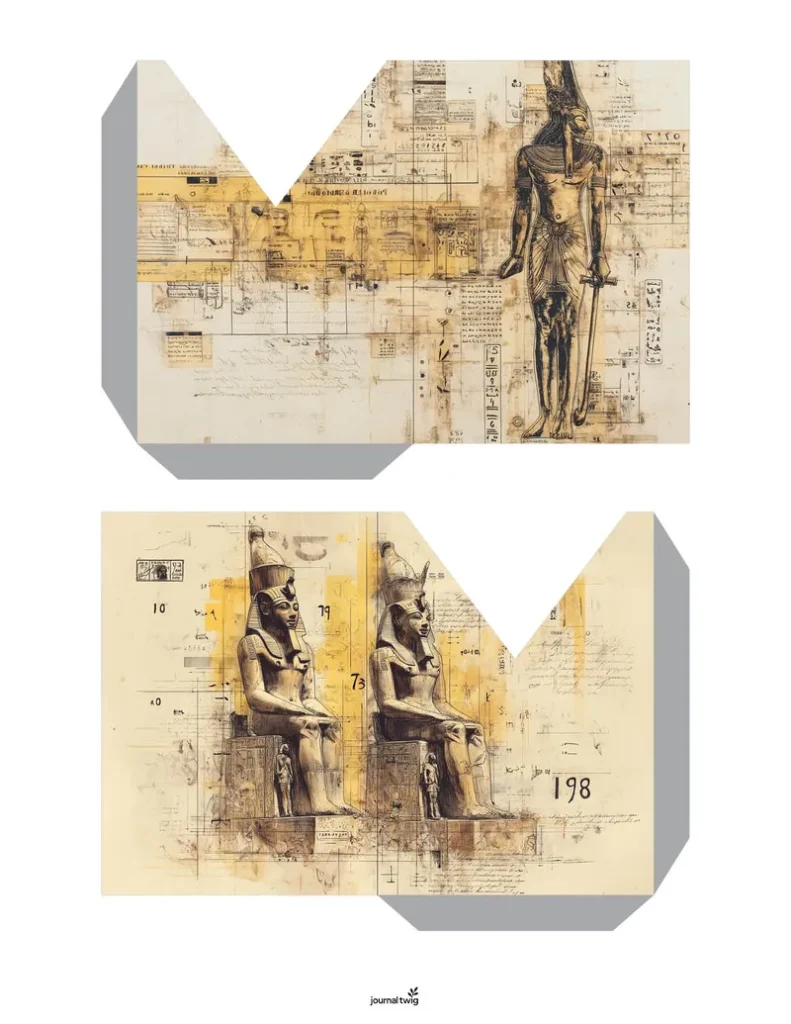 Two corner pocket printables for scrapbooking featuring sketches of standing and seated Egyptian pharaohs on a vintage background.
