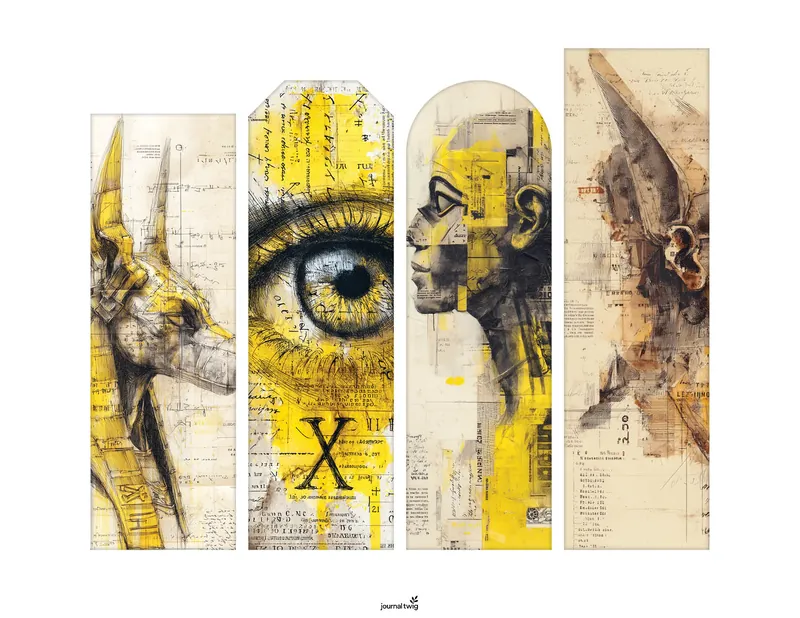 Four tall Ancient Egyptian bookmarks featuring Anubis, the Eye of Horus, and pharaoh profiles in a sketchy vintage style.