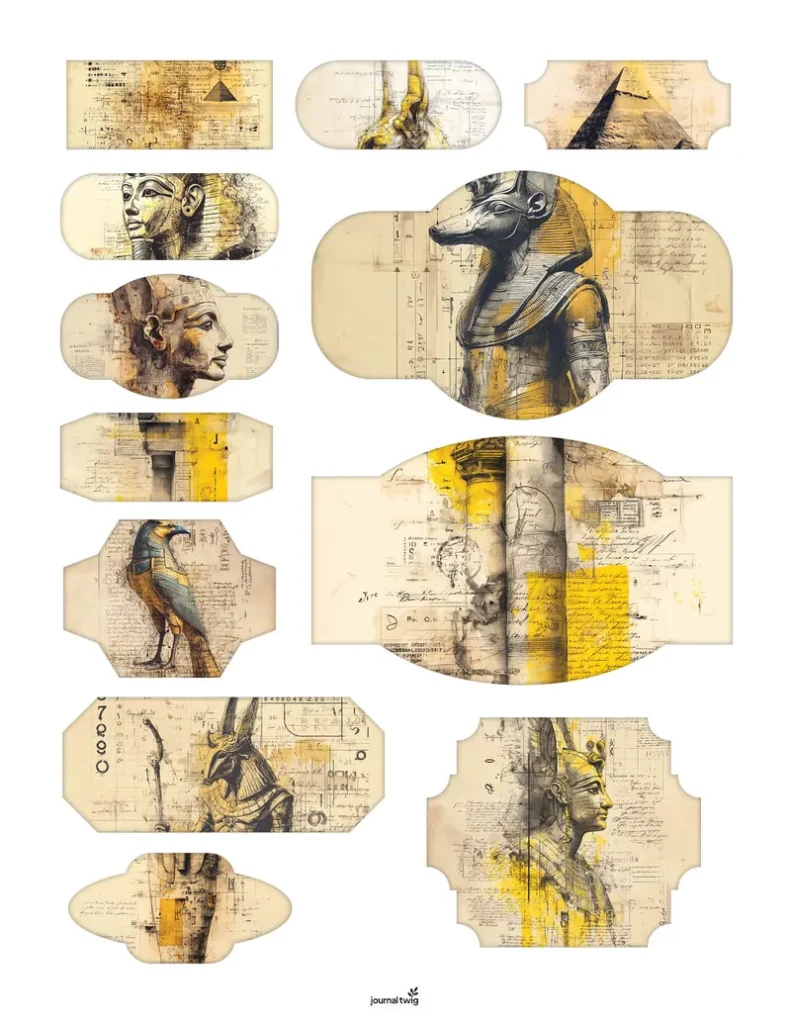 A collection of Ancient Egypt ephemera including stamps, labels, and tabs featuring Horus, Anubis, and pyramids.