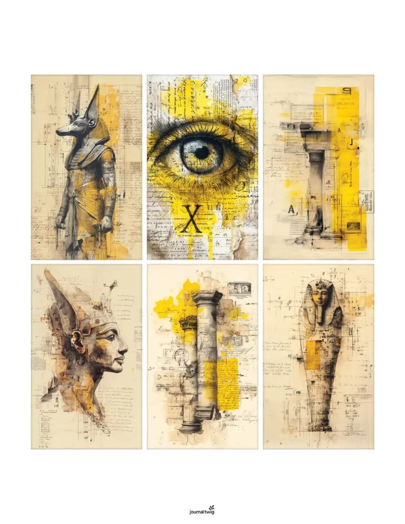 Six mini journal cards with vintage Egyptian motifs including the Eye of Horus, Anubis, pillars, and a sarcophagus.