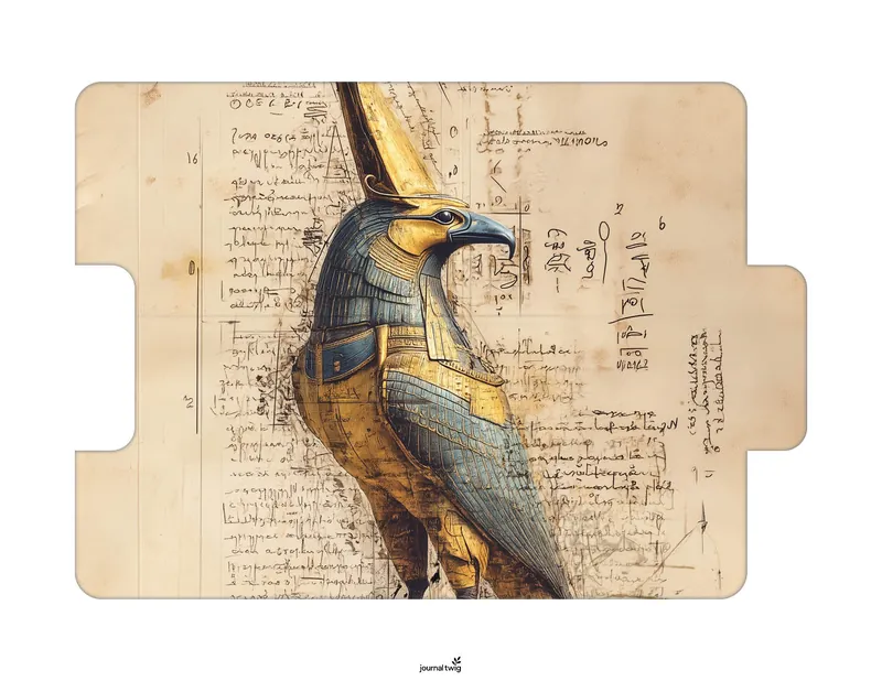 A folding folio scrapbooking piece featuring a detailed sketch of the Egyptian falcon god Horus over vintage handwriting.