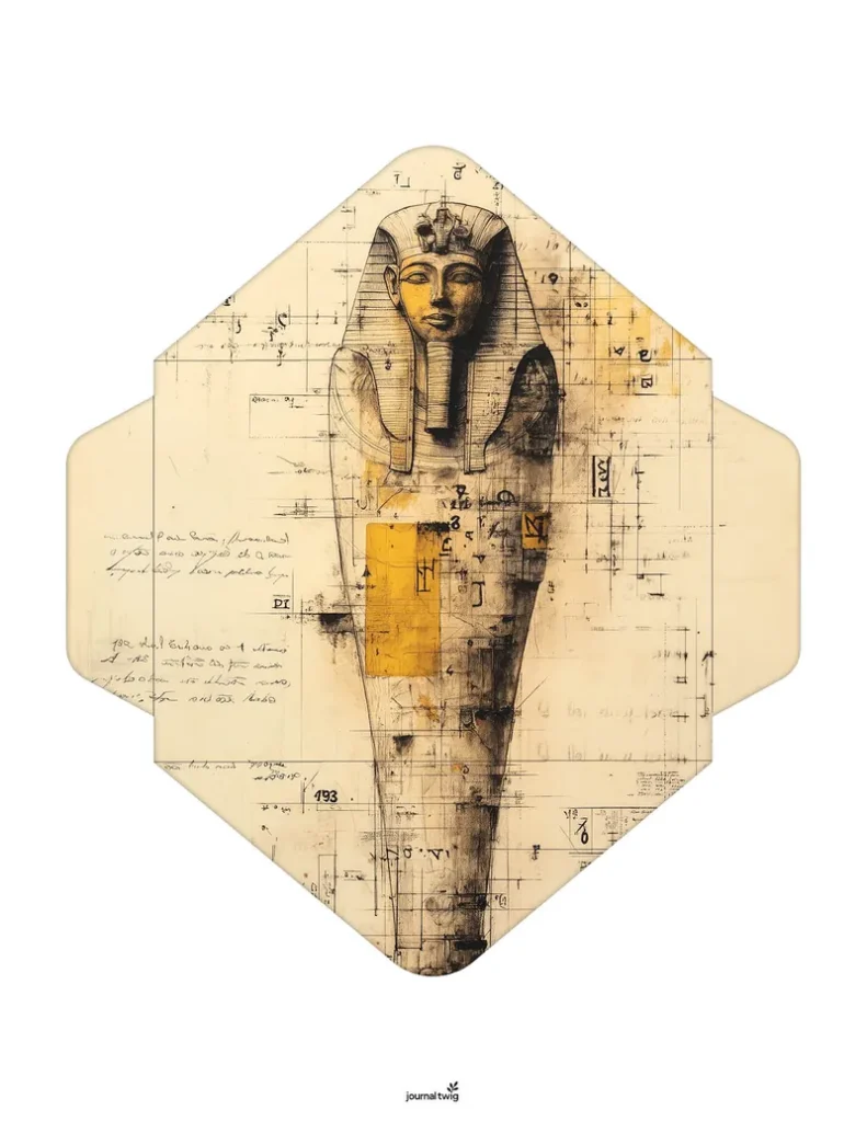 Printable junk journal envelope featuring a sketch of an Egyptian sarcophagus overlaid on architectural grids and script.