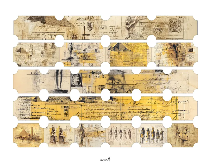Five printable belly bands for junk journaling featuring ancient Egyptian scenes, pyramids, and hieroglyphs with circular punch outs.