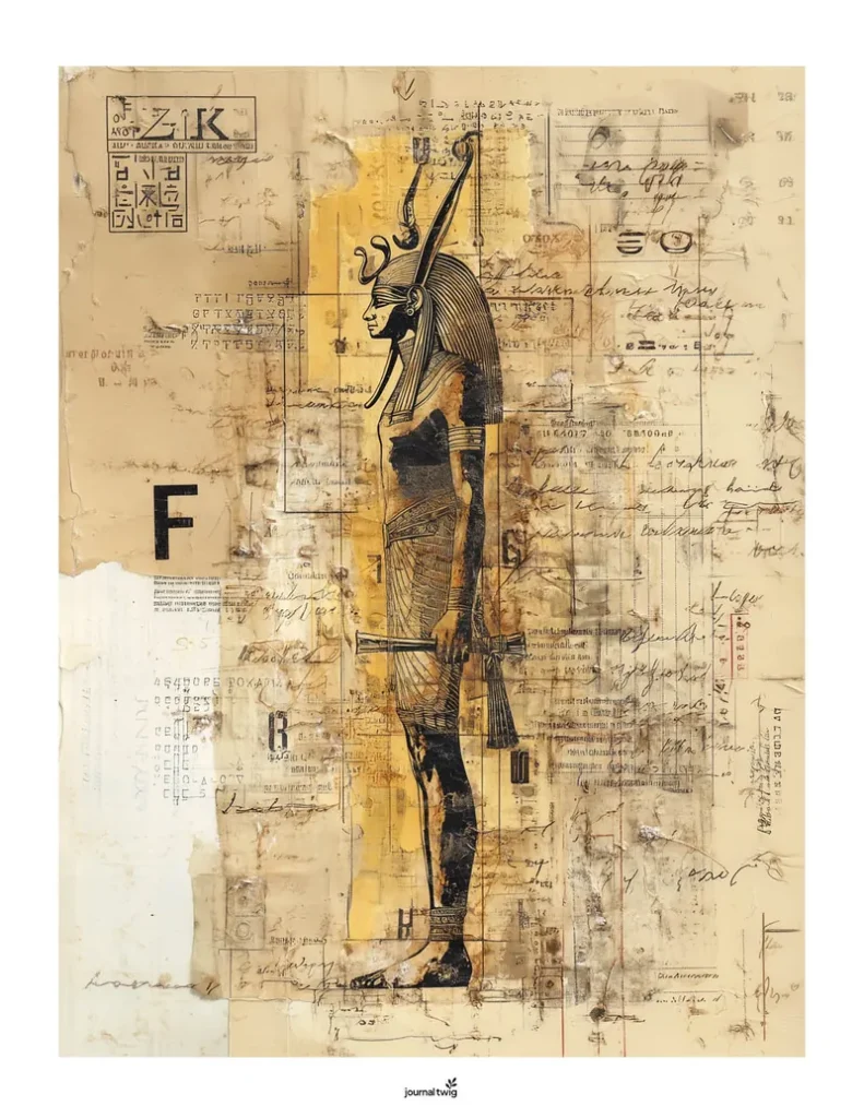 Full page vertical junk journal background featuring a standing Egyptian figure in profile with a scepter against aged paper.