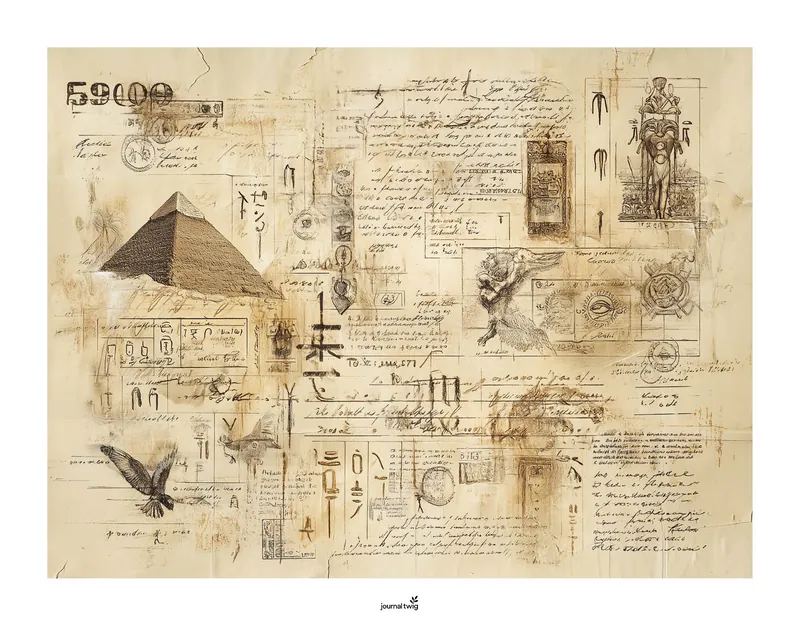 Horizontal vintage Ancient Egypt scrapbooking background featuring a sketched pyramid, hieroglyphs, and manuscript text on aged paper.