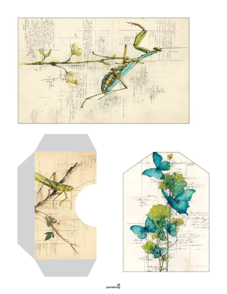 Bugs And Butterflies Junk Journal Kit Pocket And Tag features a delicate blend of vintage-style illustrations with a praying mantis and vivid blue butterflies on textured backgrounds.