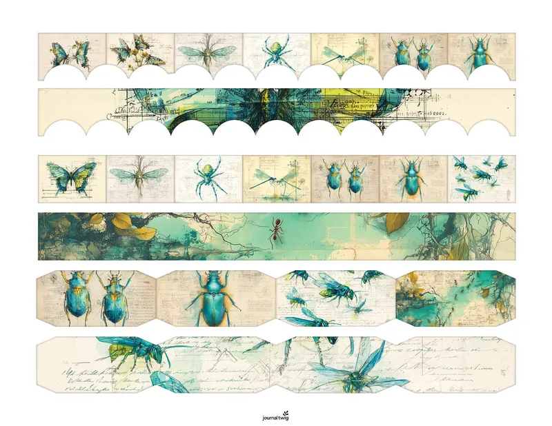 Bugs And Butterflies Junk Journal Kit Belly Bands featuring vibrant watercolor illustrations of insects and butterflies on a textured vintage background.