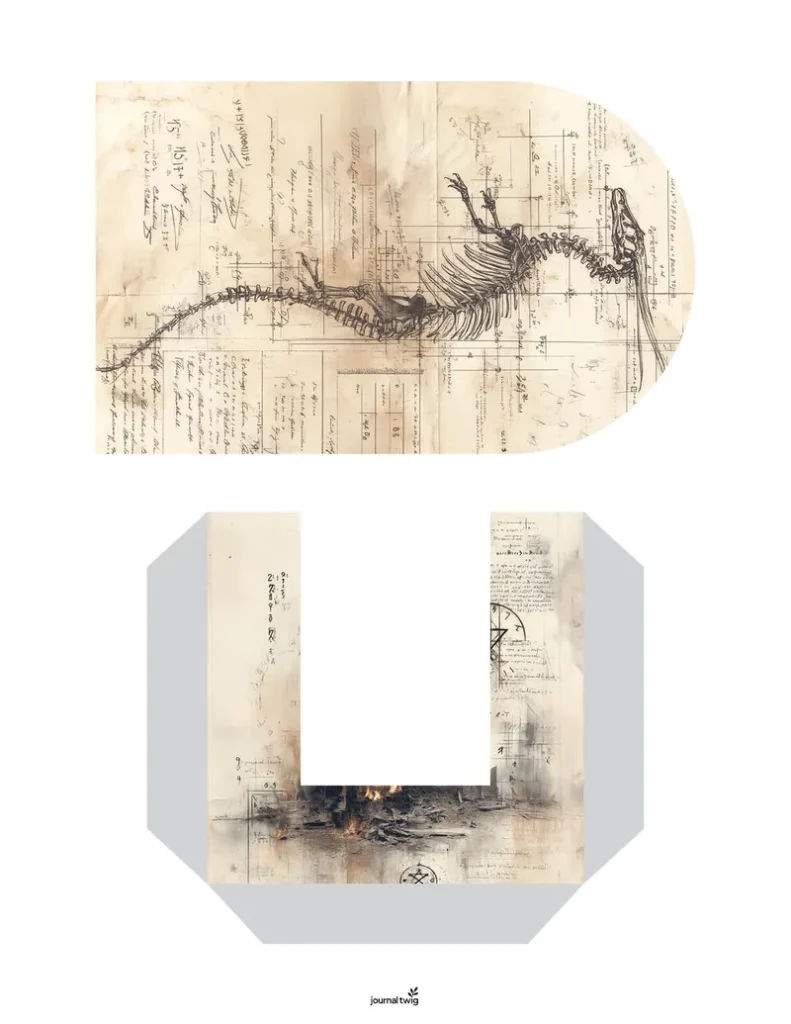 Dragon junk journal kit pocket and tag featuring a vintage design with a dragon skeleton illustration, muted colors, and a distressed paper background.
