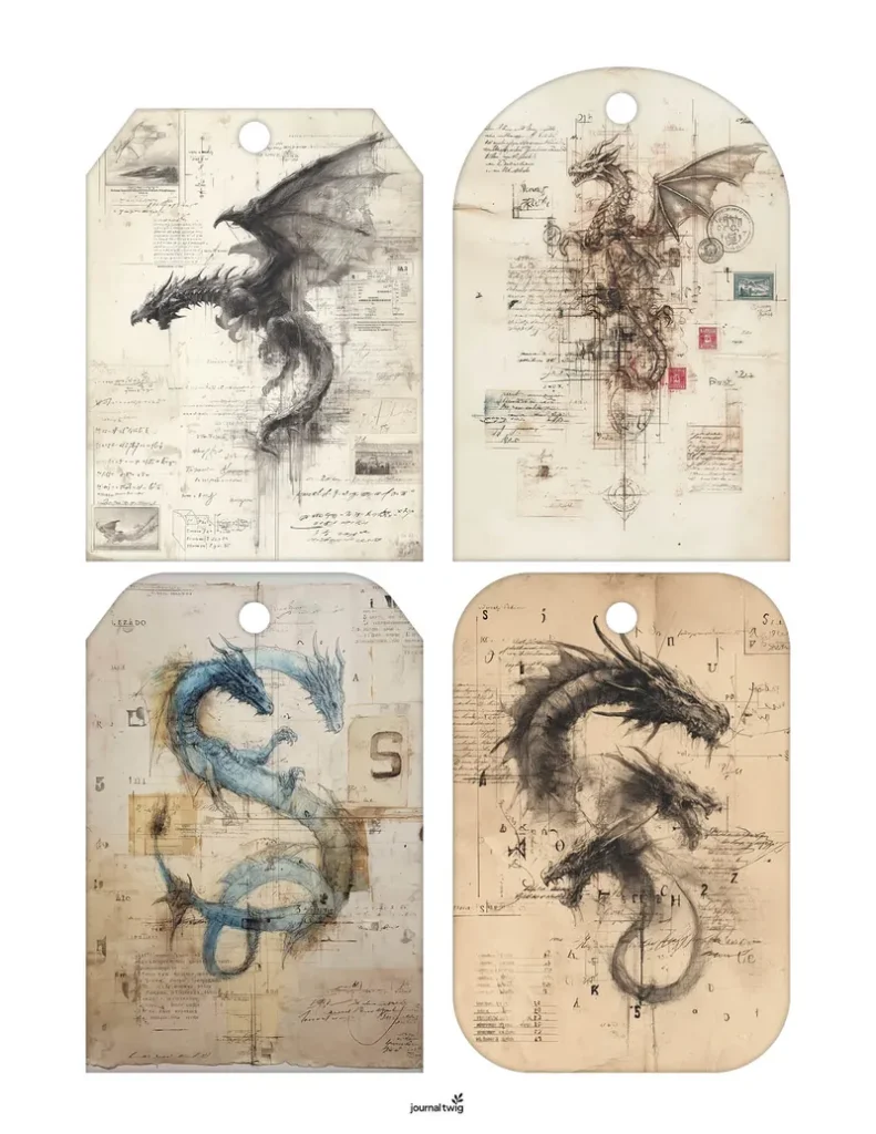 Dragon junk journal kit tags featuring intricate dragon illustrations in muted colors against a vintage-style background.