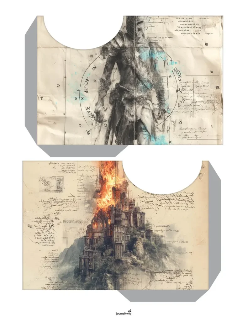 Dragon junk journal kit pocket featuring a dramatic design with illustrations of a warrior and a burning castle, set against vintage-style notes and background textures.