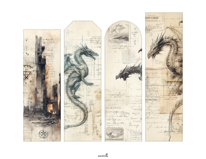 Dragon junk journal kit bookmarks feature artistic dragon illustrations and a vintage-style layout with muted colors and intricate design elements.