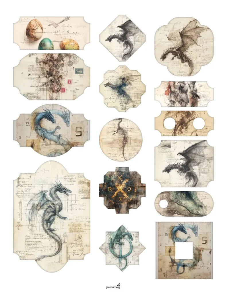 Dragon junk journal kit stamps and ephemera featuring richly detailed illustrations of dragons and dragon eggs in a vintage-style layout with muted colors.
