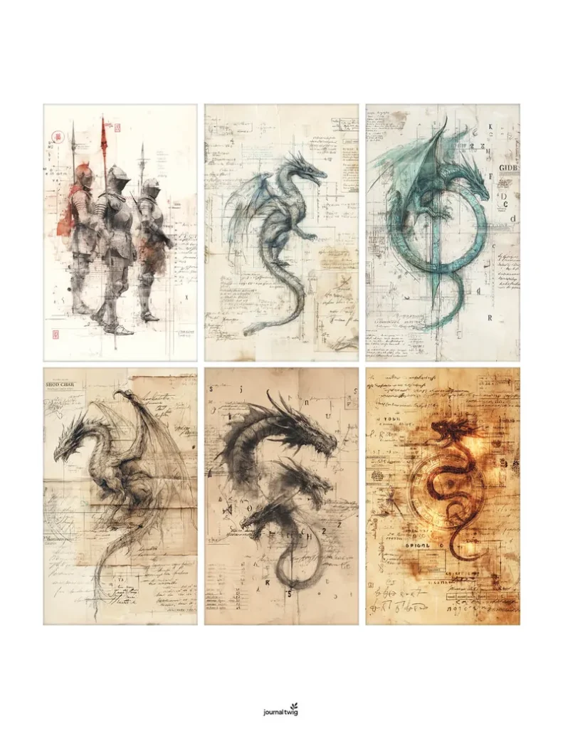 Dragon junk journal kit mini cards featuring intricate dragon illustrations and knight sketches on aged, textured backgrounds.
