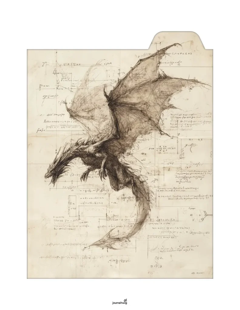 Dragon junk journal kit folding folio featuring a monochromatic dragon illustration against vintage-style mathematical diagrams.