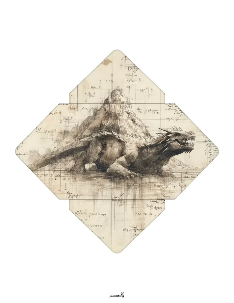 Dragon junk journal kit envelope featuring a detailed sketch of a dragon and mountain, complemented by antique-style notes in soft neutral tones.