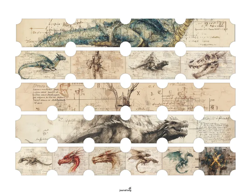 Dragon junk journal kit belly bands featuring intricate illustrations of various dragons and detailed sketches on a parchment-like background.