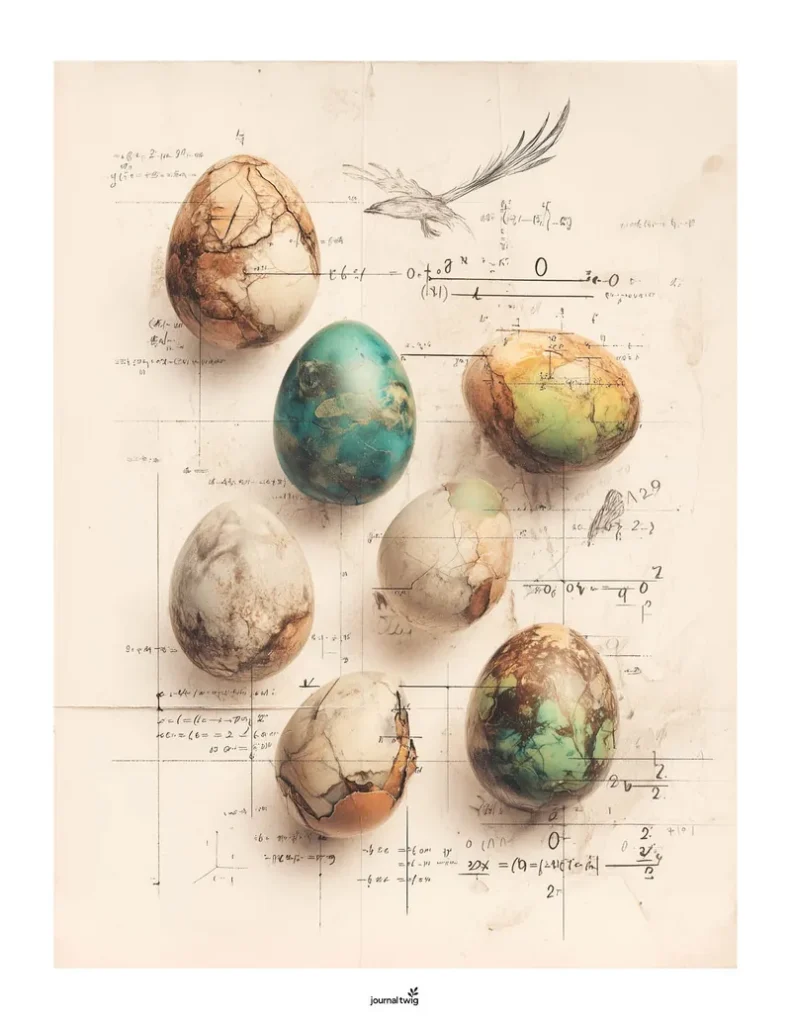 Dragon junk journal kit vertical background featuring colorful, cracked eggs on a vintage paper backdrop with mathematical sketches.