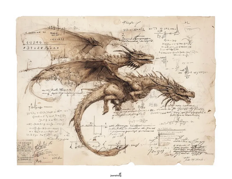 Dragon junk journal kit horizontal background featuring intricate sketches of dragons along with mathematical notes and diagrams in a vintage style.