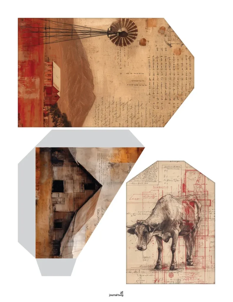 Farm life junk journal kit pocket and tag featuring rustic farm imagery, warm earthy colors, and textured illustrations.