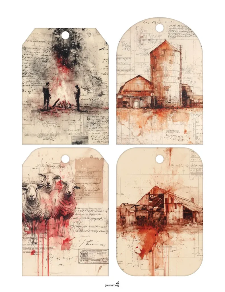 Farm life junk journal kit tags featuring rustic illustrations of a barn, sheep, and a campfire, enhanced by warm earthy tones and textured backgrounds.