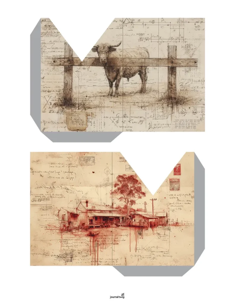 Farm life junk journal kit pocket featuring a vintage-style illustration of a cow and a rustic homestead, showcasing earthy tones and textured backgrounds.