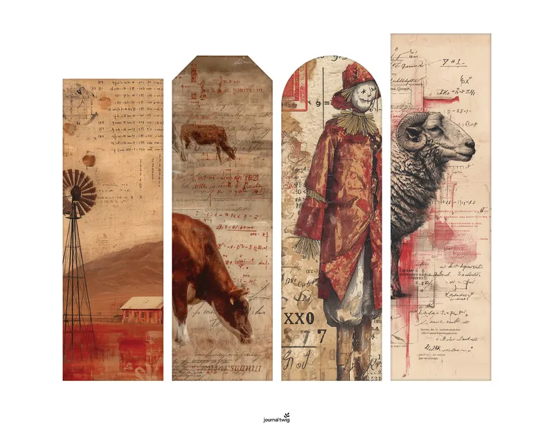 Farm life junk journal kit bookmarks featuring vintage-style illustrations of a windmill, cow, scarecrow, and sheep on textured backgrounds.