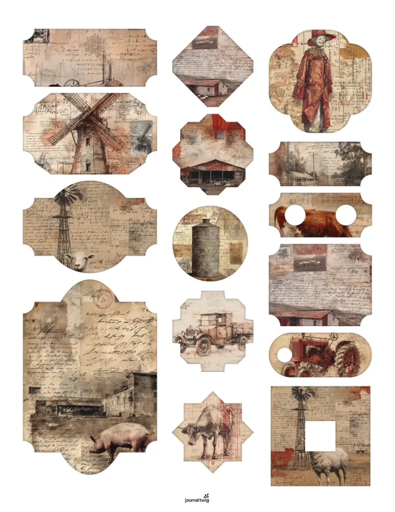 Farm life junk journal kit stamps and ephemera featuring an assortment of rustic-themed elements like barns, windmills, and farm animals in earthy tones.