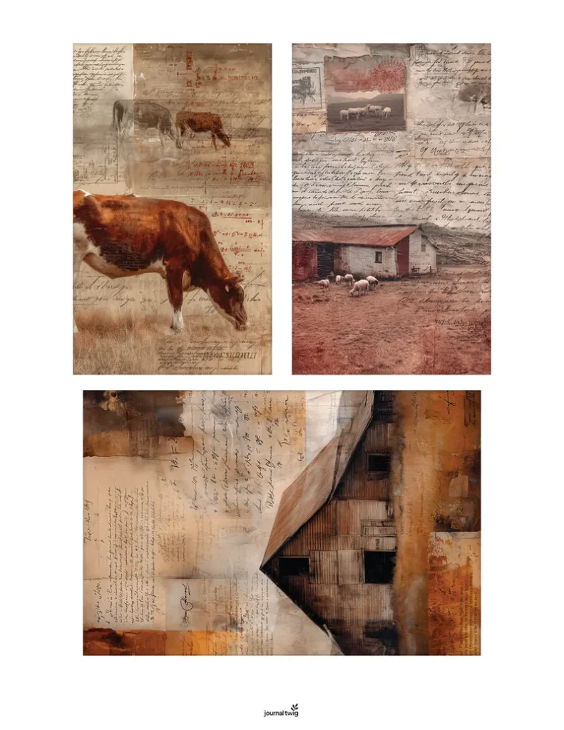 Farm life junk journal kit mini cards featuring vintage-style illustrations of cows, a barn, and handwritten text in warm earth tones.