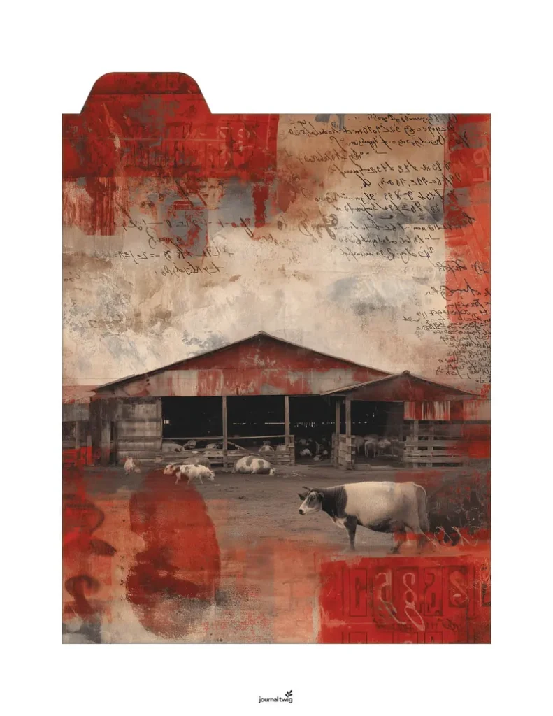 Farm life junk journal kit folding folio featuring earthy tones, abstract textures, and a pastoral scene with a barn and cattle.