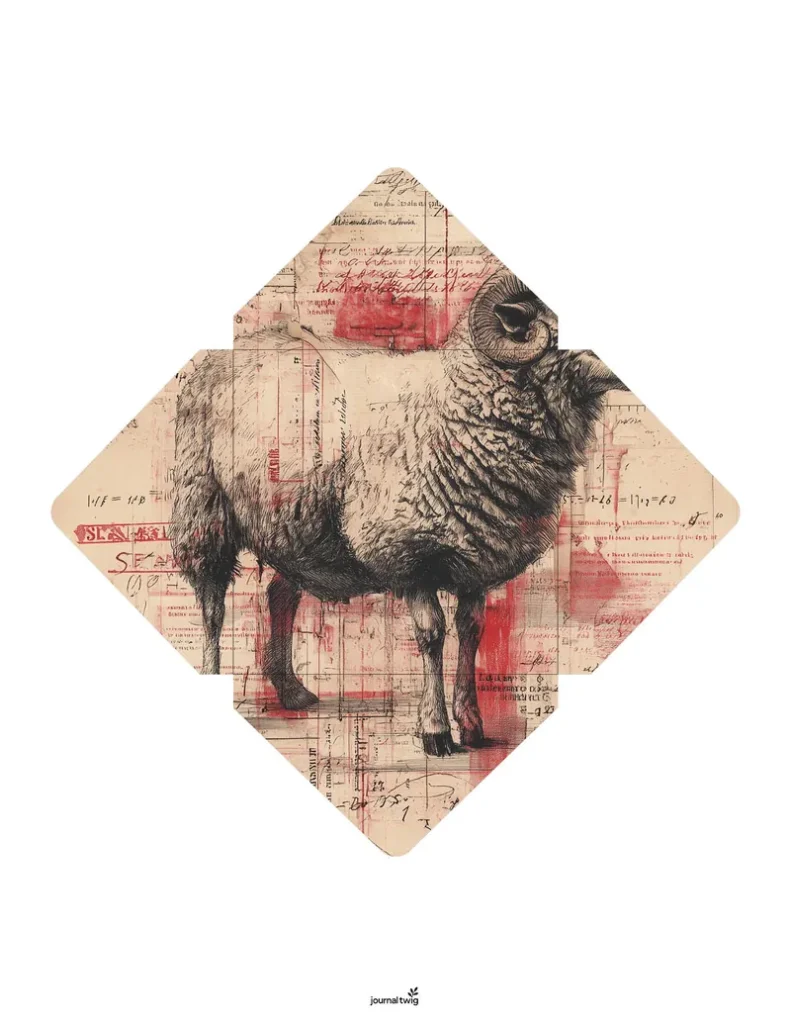 Farm life junk journal kit envelope featuring a detailed illustration of a sheep against a textured background of vintage papers and red accents.