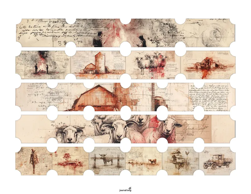 Farm life junk journal kit belly bands featuring rustic illustrations of barns, sheep, and farm scenes with earthy tones and vintage textures.
