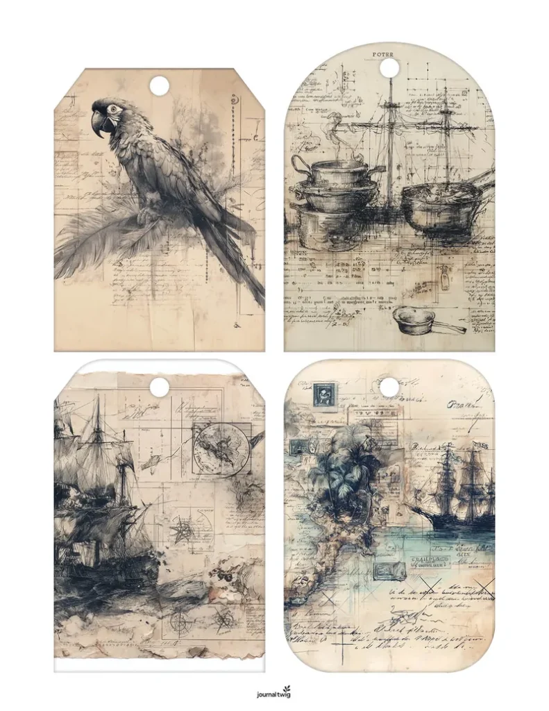 Pirate junk journal kit tags featuring intricate illustrations of a parrot, vintage cookware, ships, and a tropical scene, designed in a sepia and black ink style.
