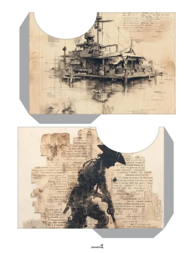 Pirate junk journal kit pocket featuring a vintage-style illustration of a pirate ship and sailor against a distressed background.