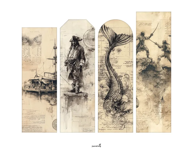 Pirate junk journal kit bookmarks featuring vintage-inspired illustrations of pirates, mermaids, and ships, with a sepia-toned color palette.