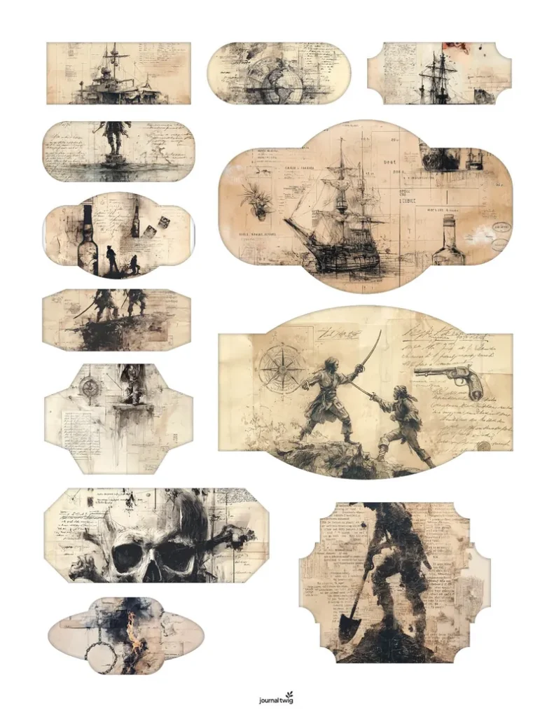 Pirate junk journal kit stamps and ephemera features vintage-style illustrations with a monochrome and sepia color palette, showcasing pirate themes and nautical elements in a collection of tags and labels.